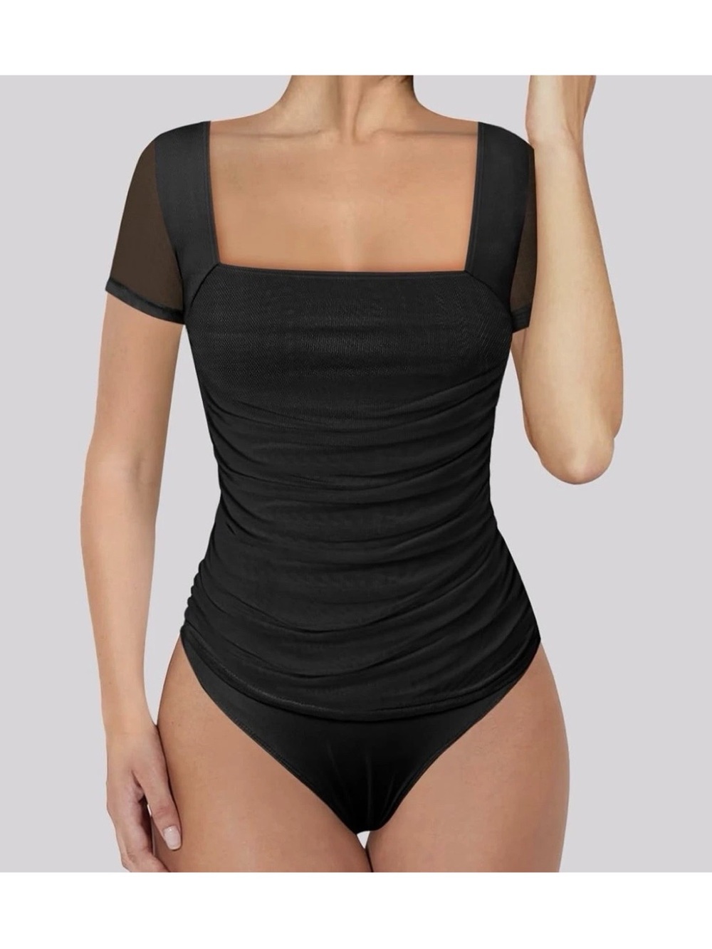 Black Square-Neck Ruched Bodysuit with Mesh Sleeves